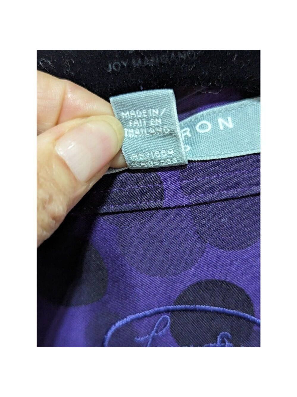 Foxcroft Women's 12 Purple Long Sleeve Button Front Blouse Black Abstract Polka - Picture 7 of 10